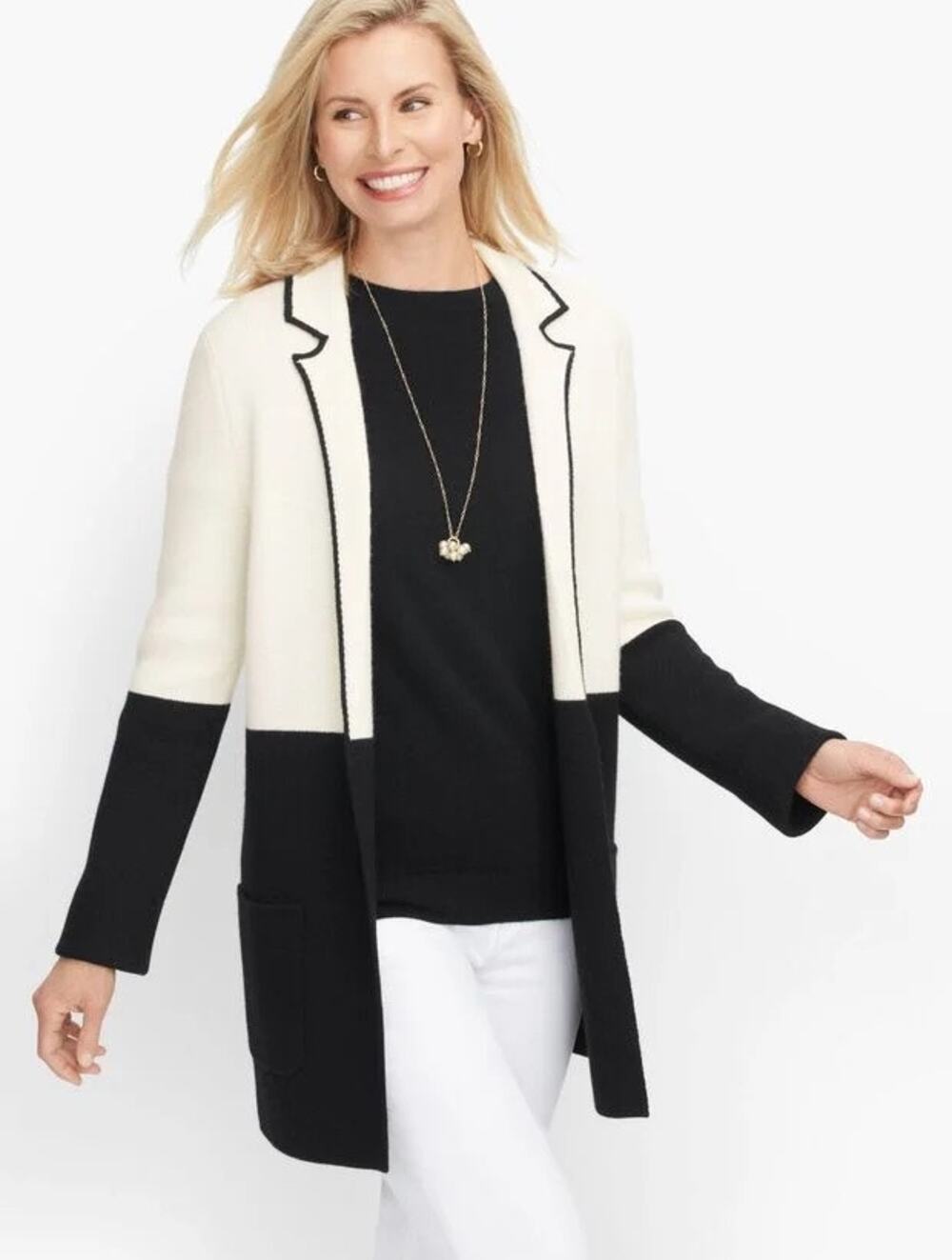 Talbots Milano Stitch Wool Blend Knit Sweater Jacket Black White Size Small